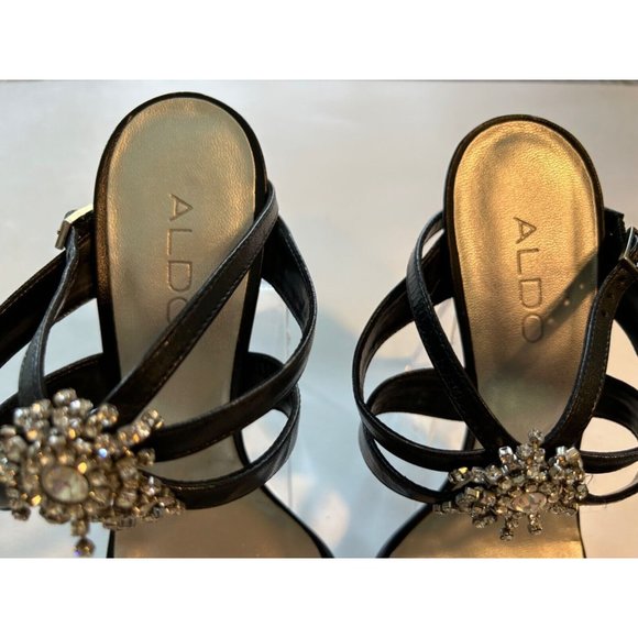 Women's Aldo Strappy Sandals Size 7 Black Silver Rhinestone Flower 4 Inch Heels - Picture 4 of 8